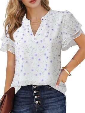 Lotusmile Floral Blouse in White & Purple Size Large Like New